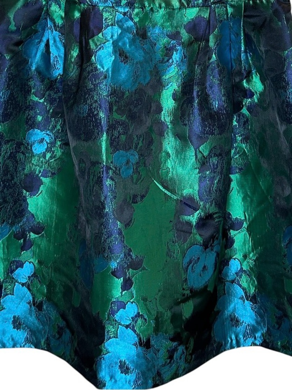 Green and Blue Fit & Flare Floral Satin Damask Midi Cocktail Dress - Size 14 - Picture 5 of 7